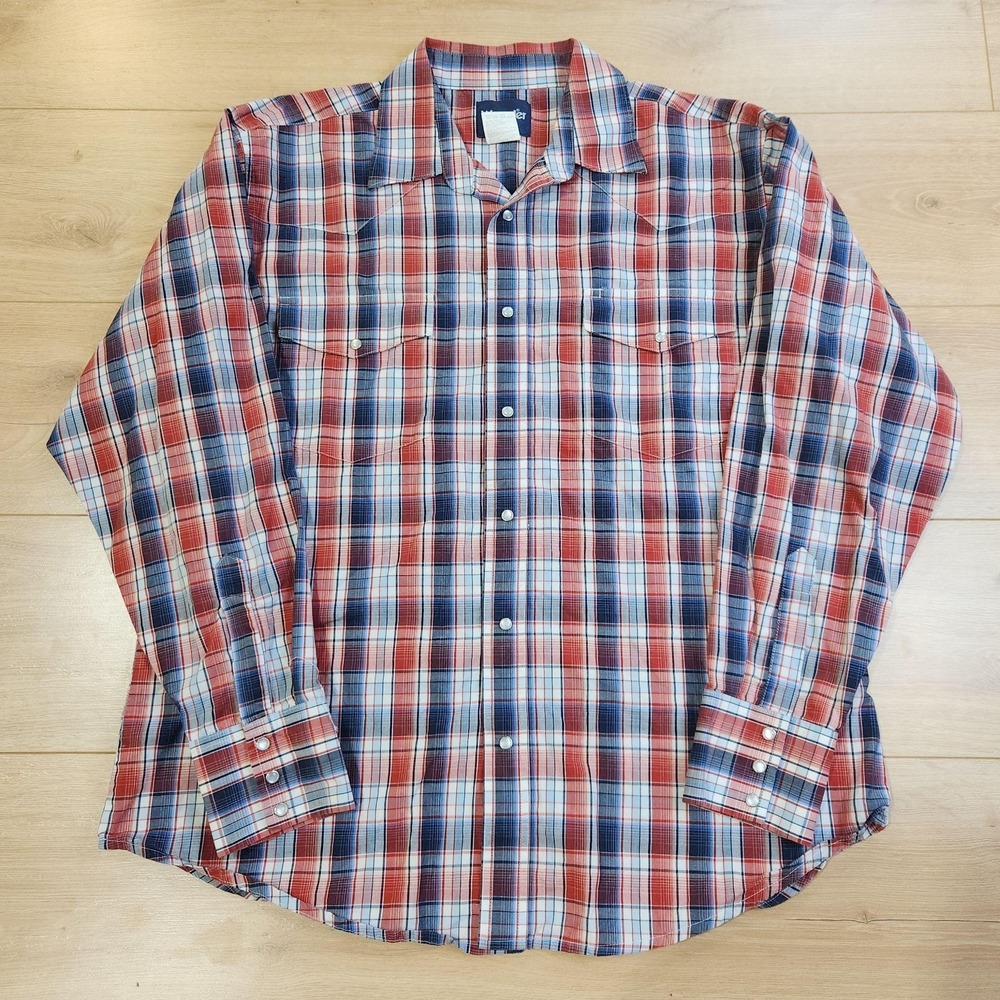 Wrangler Western Shirt Mens XL Red Blue Plaid Pearl Snap Long Sleeve Cowboy